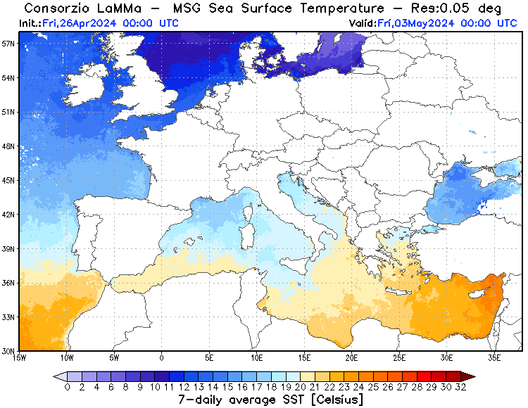 Temperatura del mare (Lamma): i valori registrati sulla superficie del mediterraneo