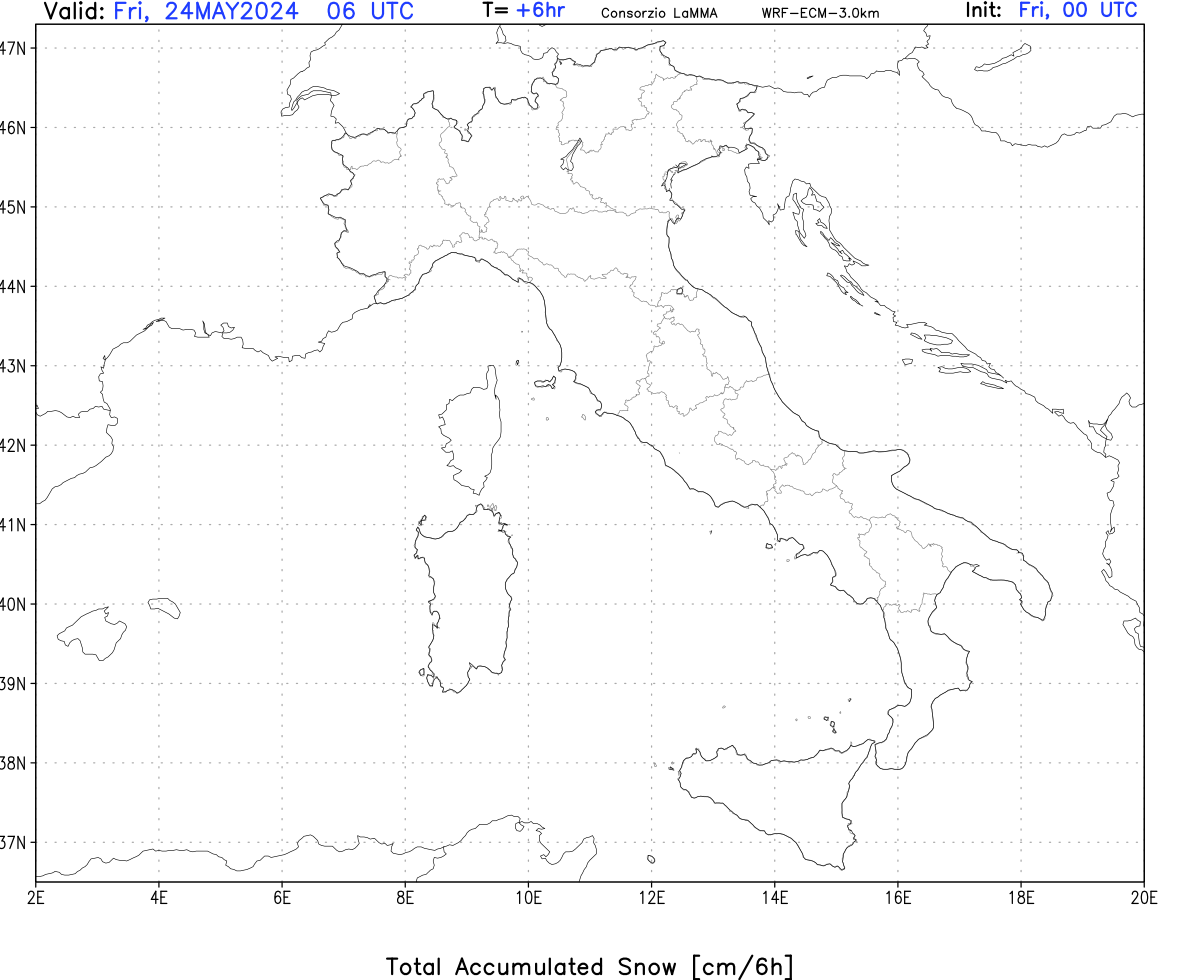 mappa meteo WRF-ECM neve cumulata ogni 6 ore in italia