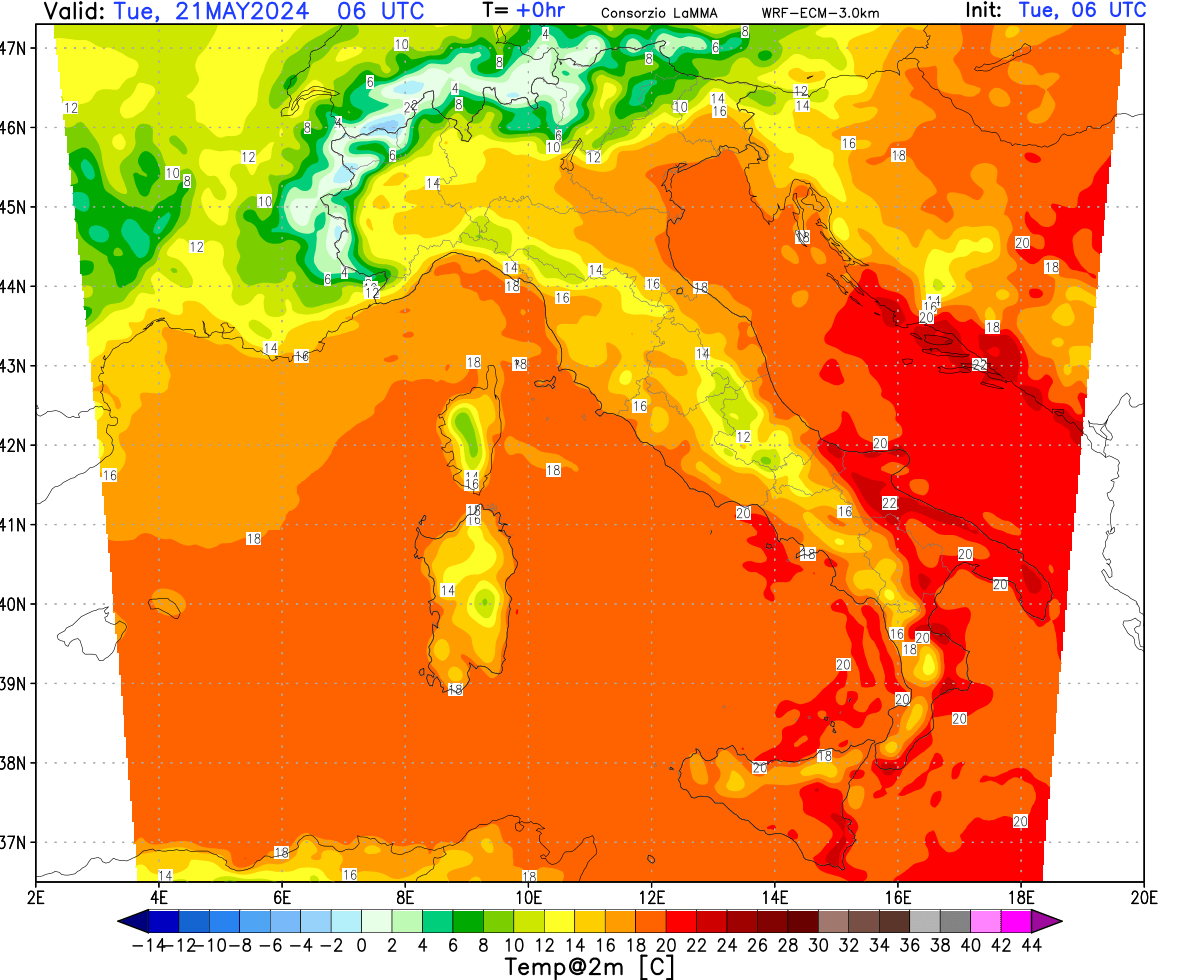 mappa meteo WRF-ECM temperatura dell'aria italia