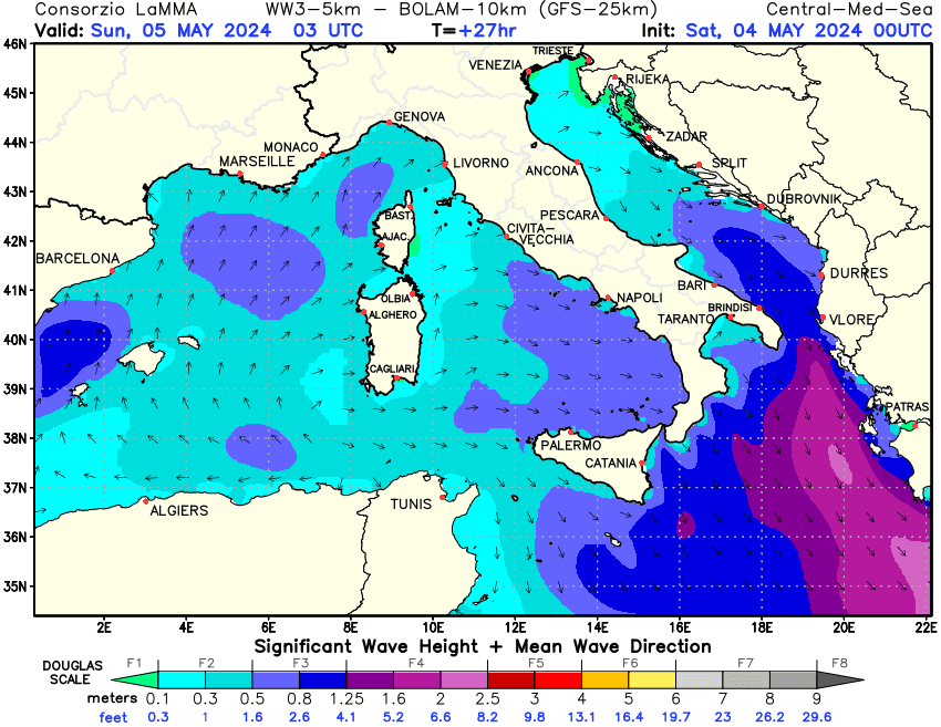 Previsione altezza e direzione media dell'onda sul Mediterraneo Centrale +27h