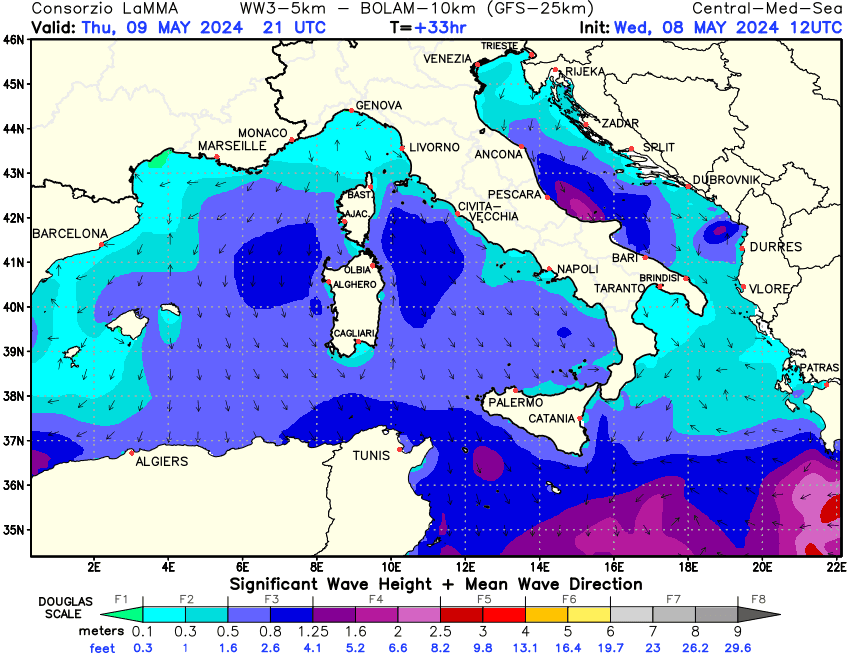 Previsione altezza e direzione media dell'onda sul Mediterraneo Centrale +33h