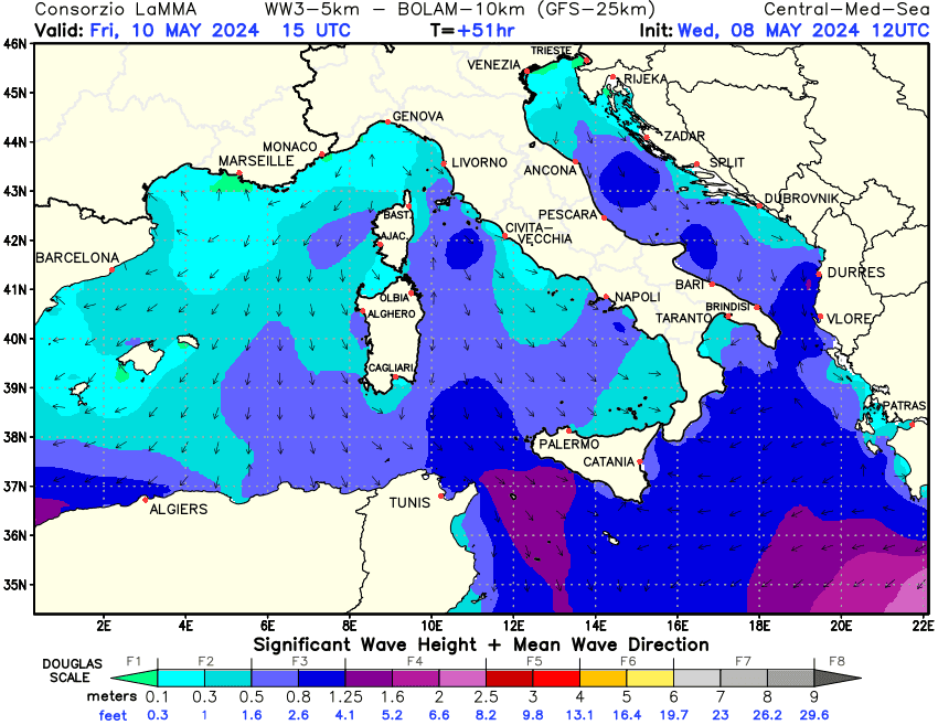Previsione altezza e direzione media dell'onda sul Mediterraneo Centrale +51h