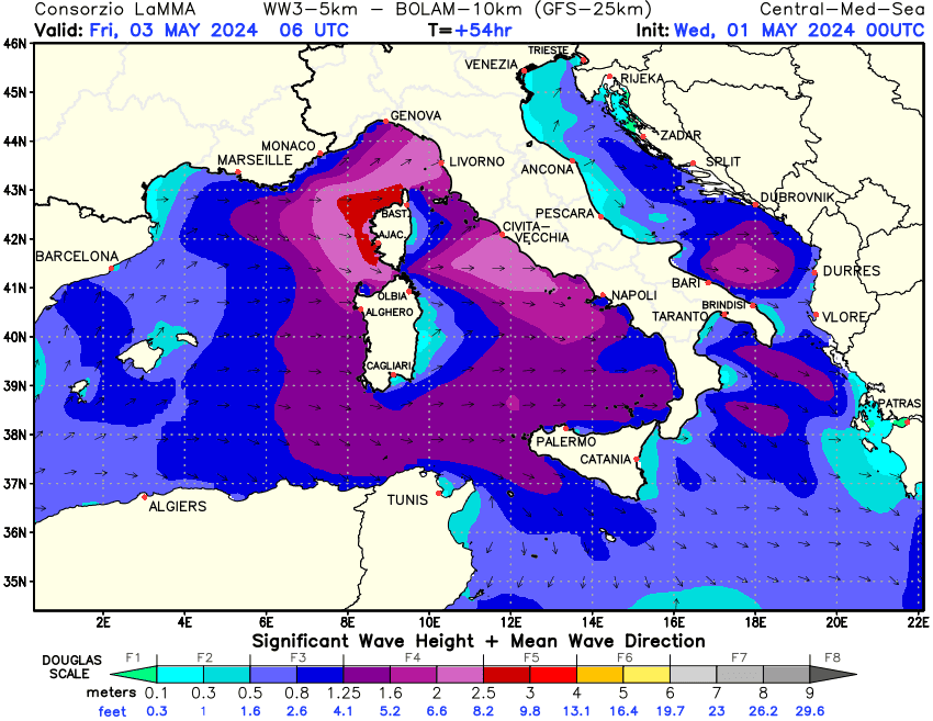 Previsione altezza e direzione media dell'onda sul Mediterraneo Centrale +54h