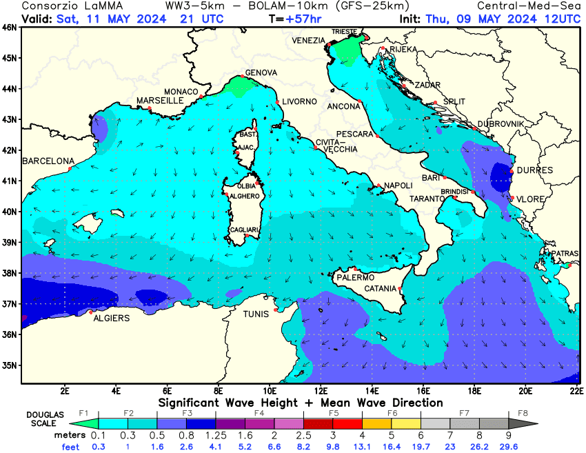 Previsione altezza e direzione media dell'onda sul Mediterraneo Centrale +57h