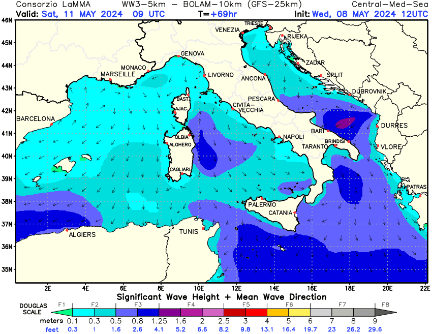 Previsione altezza e direzione media dell'onda sul Mediterraneo Centrale +69h