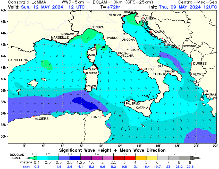 Previsione altezza e direzione media dell'onda sul Mediterraneo Centrale +72h