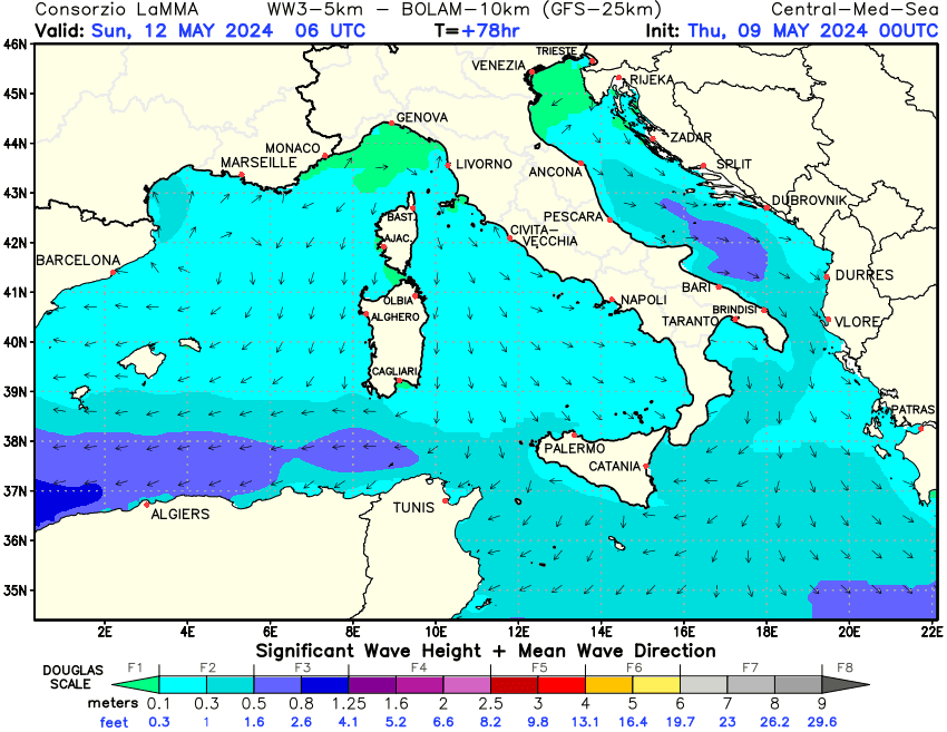 Previsione altezza e direzione media dell'onda sul Mediterraneo Centrale +78h