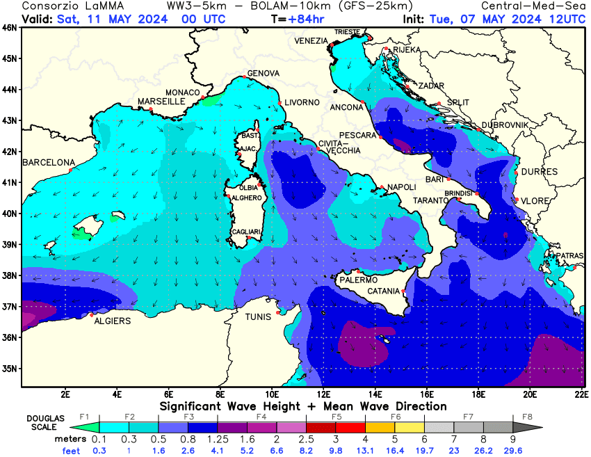 Previsione altezza e direzione media dell'onda sul Mediterraneo Centrale +84h