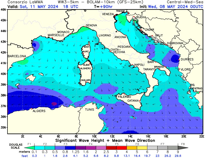 Previsione altezza e direzione media dell'onda sul Mediterraneo Centrale +90h