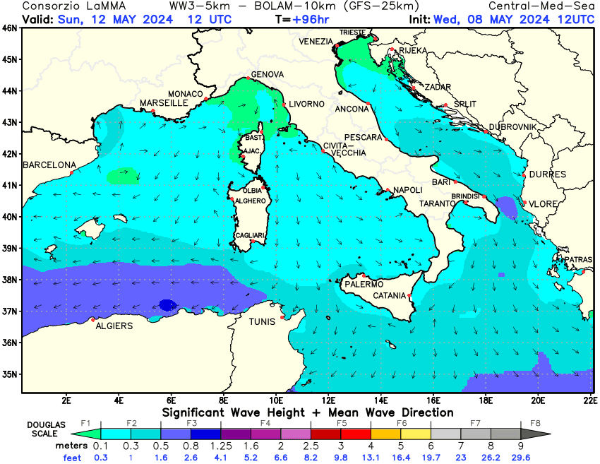 Previsione altezza e direzione media dell'onda sul Mediterraneo Centrale +96h