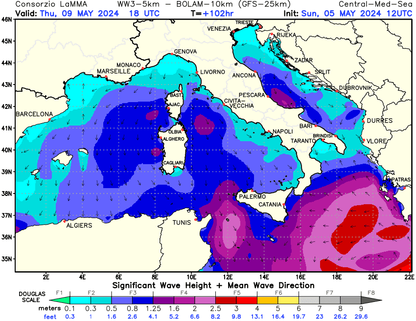 Previsione altezza e direzione media dell'onda sul Mediterraneo Centrale +102h
