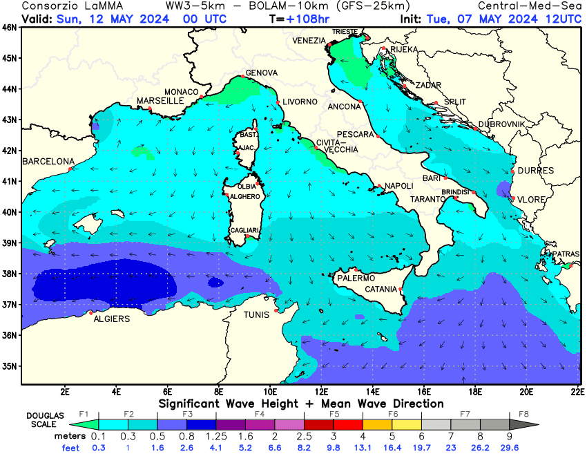 Previsione altezza e direzione media dell'onda sul Mediterraneo Centrale +108h