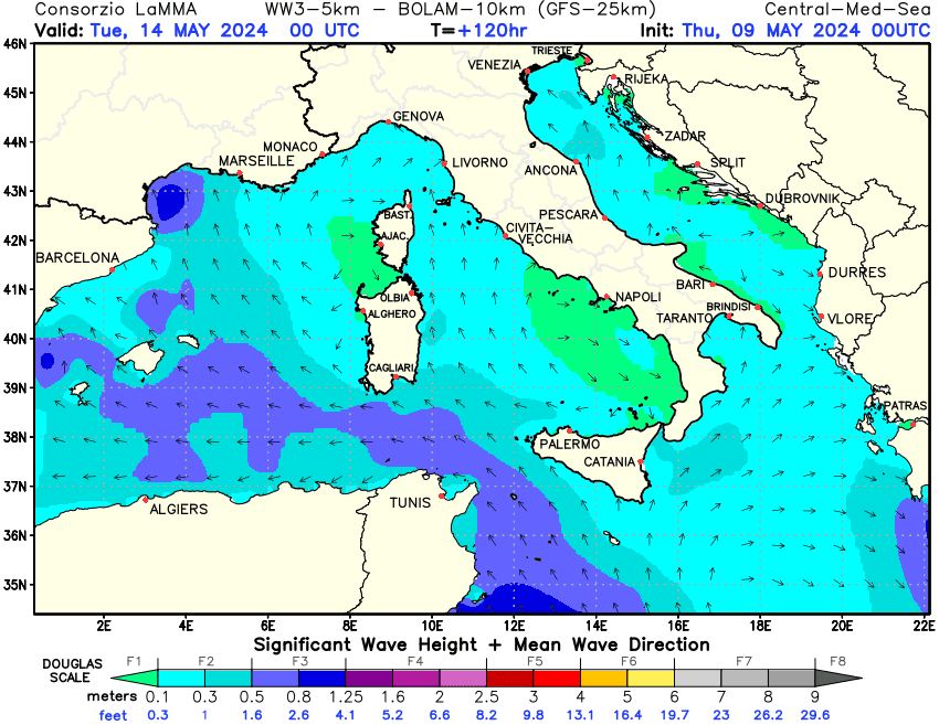 Previsione altezza e direzione media dell'onda sul Mediterraneo Centrale +120h