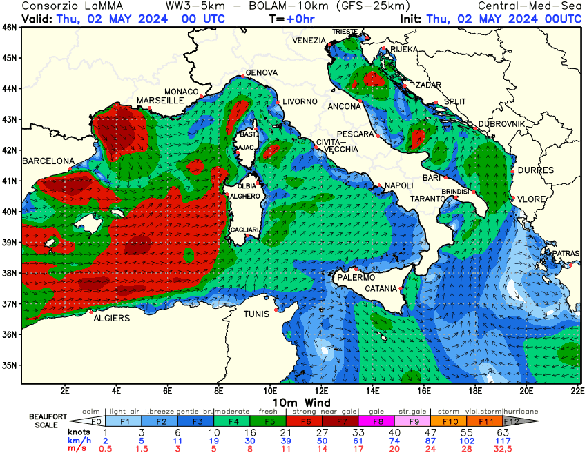 Previsione Vento a 10 metri sul Mediterraneo Centrale
