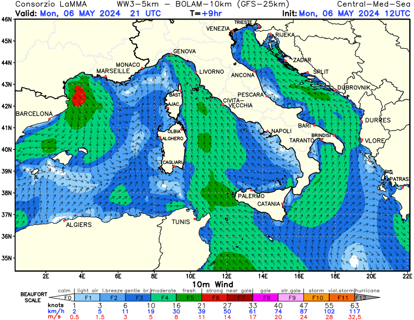 Previsione Vento a 10 metri sul Mediterraneo Centrale +09h