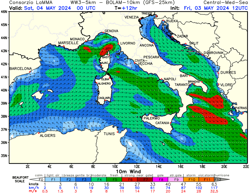 Previsione Vento a 10 metri sul Mediterraneo Centrale +12h
