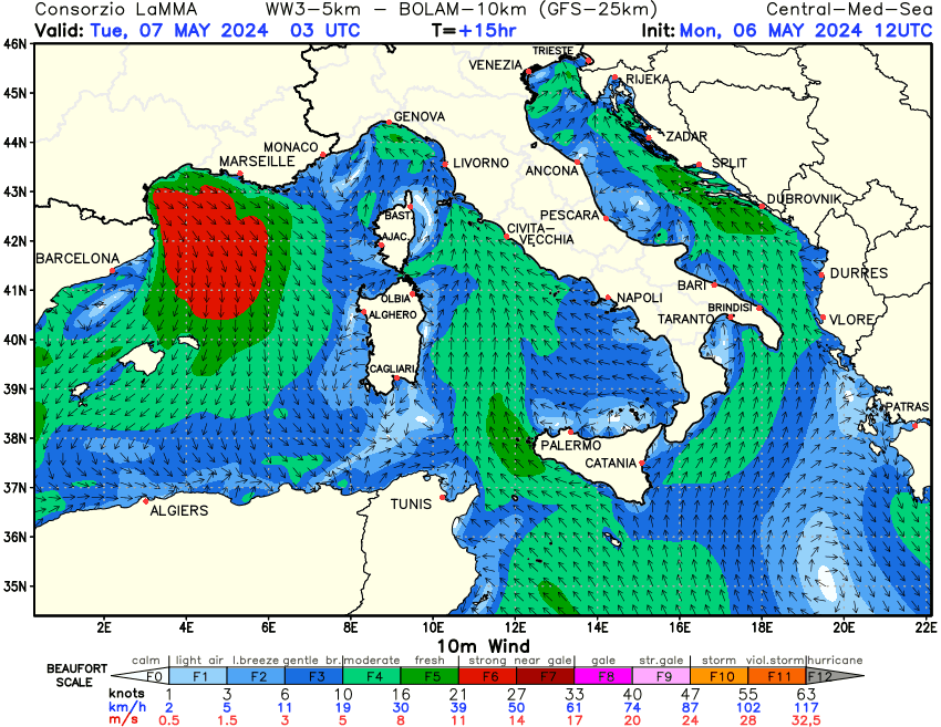 Previsione Vento a 10 metri sul Mediterraneo Centrale +15h