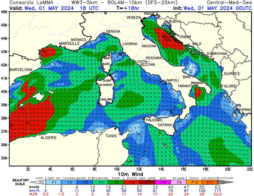 Previsione Vento a 10 metri sul Mediterraneo Centrale +18h