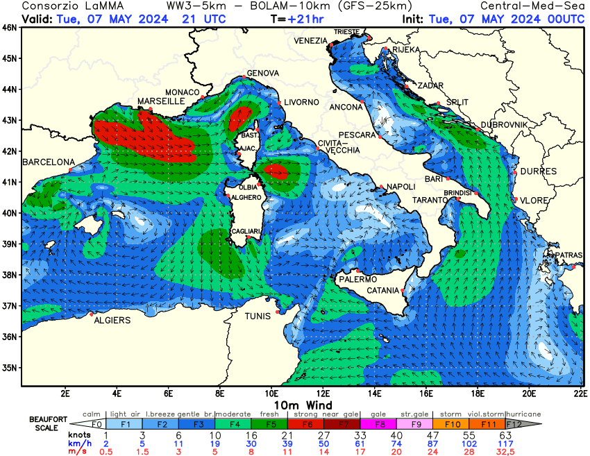 Previsione Vento a 10 metri sul Mediterraneo Centrale +21h