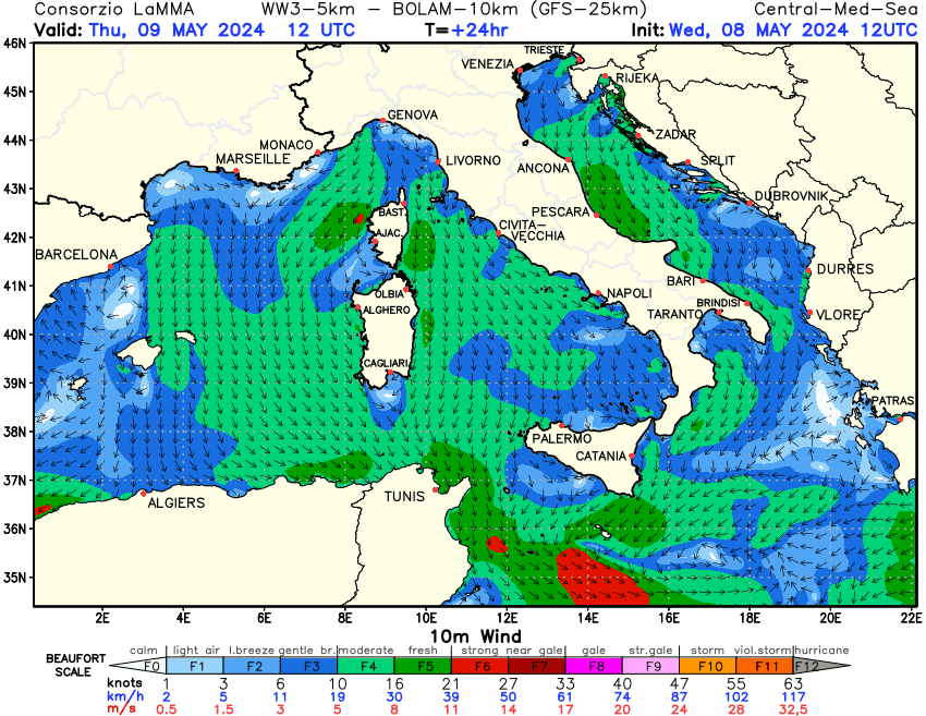 Previsione Vento a 10 metri sul Mediterraneo Centrale +24h