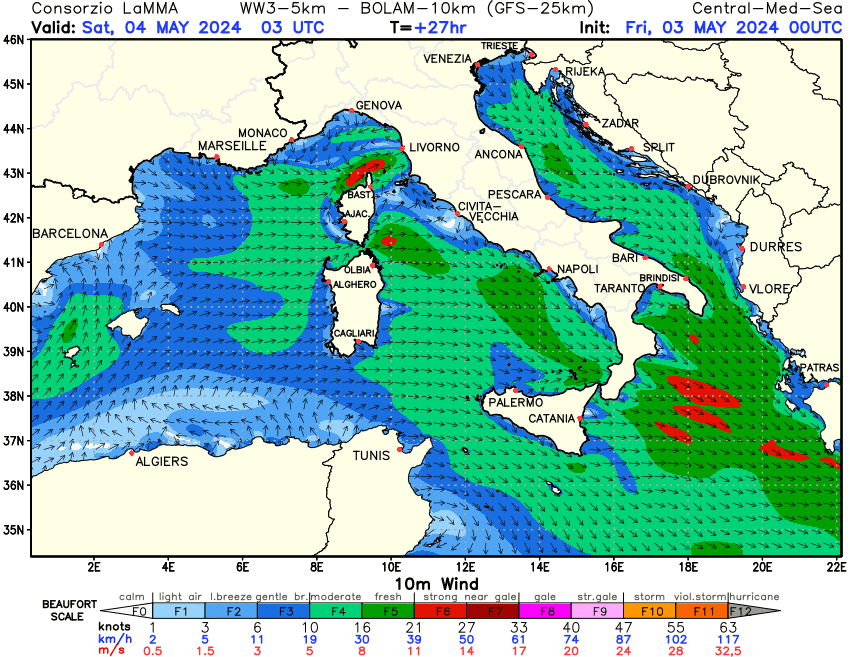 Previsione Vento a 10 metri sul Mediterraneo Centrale +27h