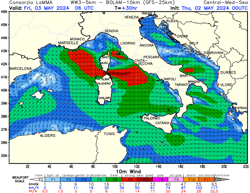 Previsione Vento a 10 metri sul Mediterraneo Centrale +30h