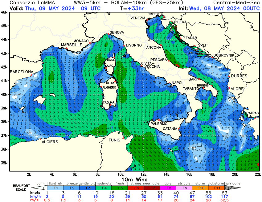 Previsione Vento a 10 metri sul Mediterraneo Centrale +33h