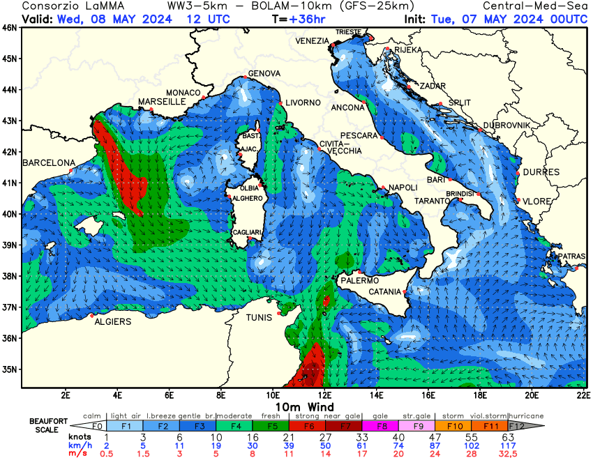 Previsione Vento a 10 metri sul Mediterraneo Centrale +36h