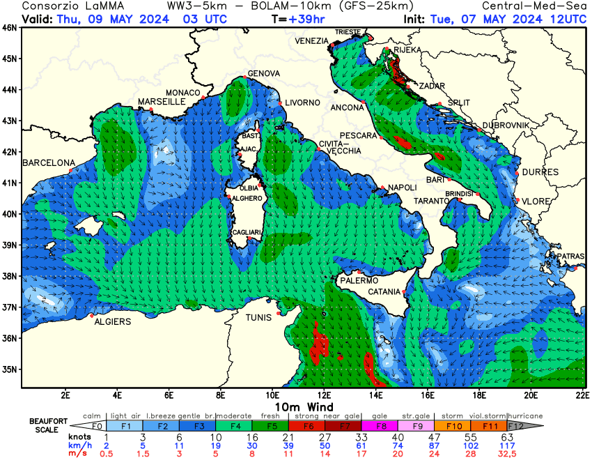 Previsione Vento a 10 metri sul Mediterraneo Centrale +39h