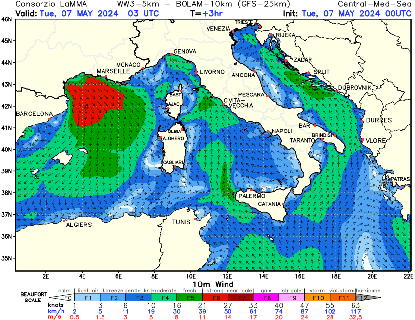Previsione Vento a 10 metri sul Mediterraneo Centrale +03h