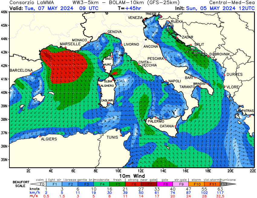 Previsione Vento a 10 metri sul Mediterraneo Centrale +45h