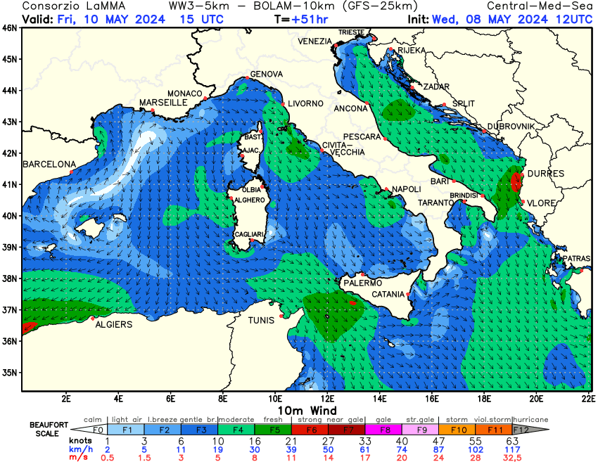 Previsione Vento a 10 metri sul Mediterraneo Centrale +51h