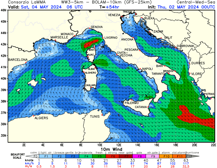 Previsione Vento a 10 metri sul Mediterraneo Centrale +54h