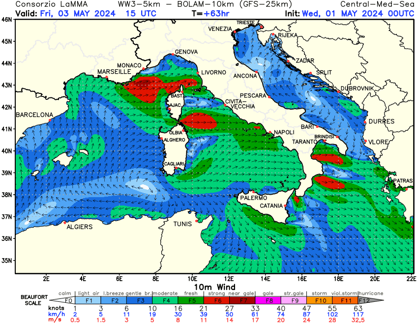 Previsione Vento a 10 metri sul Mediterraneo Centrale +63h