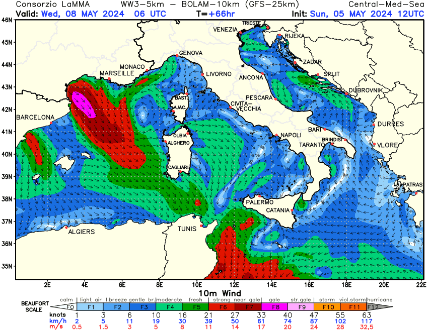 Previsione Vento a 10 metri sul Mediterraneo Centrale +66h