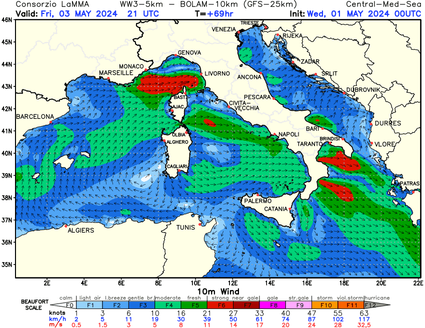 Previsione Vento a 10 metri sul Mediterraneo Centrale +69h