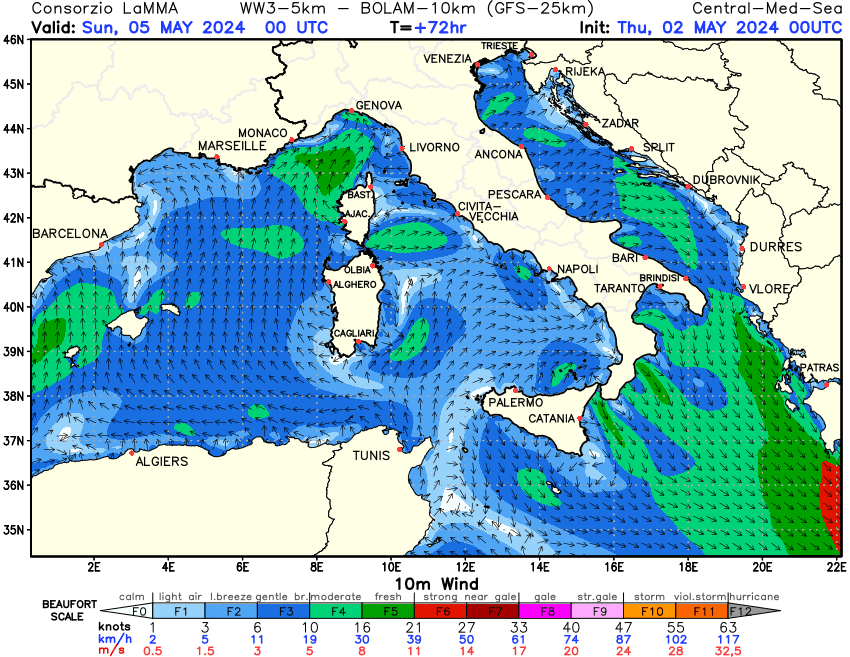Previsione Vento a 10 metri sul Mediterraneo Centrale +72h