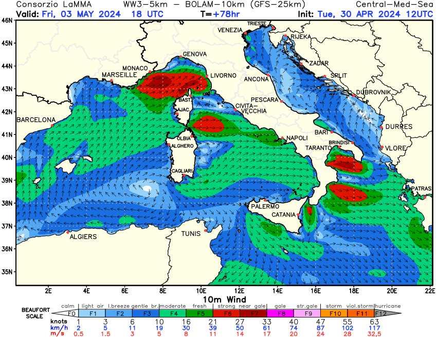 Previsione Vento a 10 metri sul Mediterraneo Centrale +78h