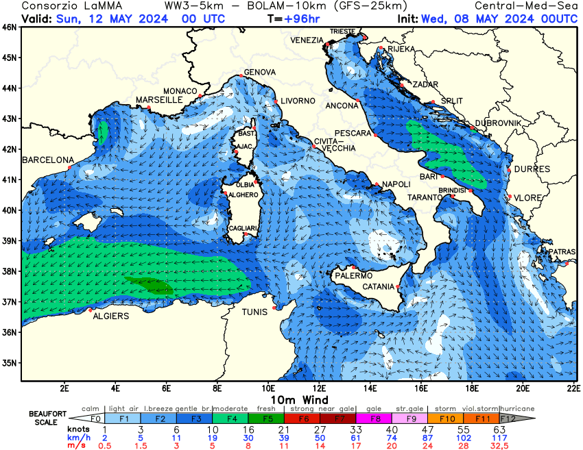 Previsione Vento a 10 metri sul Mediterraneo Centrale +96h