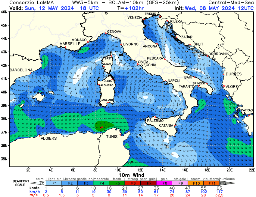 Previsione Vento a 10 metri sul Mediterraneo Centrale +102h