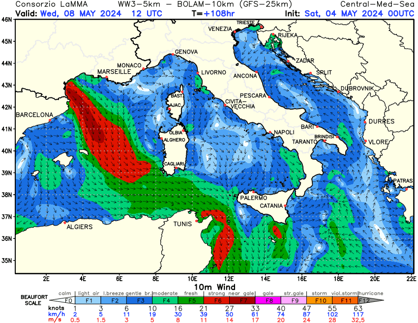 Previsione Vento a 10 metri sul Mediterraneo Centrale +108h
