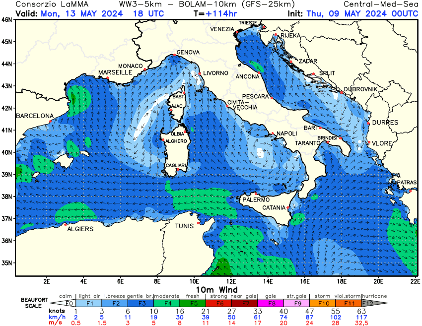 Previsione Vento a 10 metri sul Mediterraneo Centrale +114h