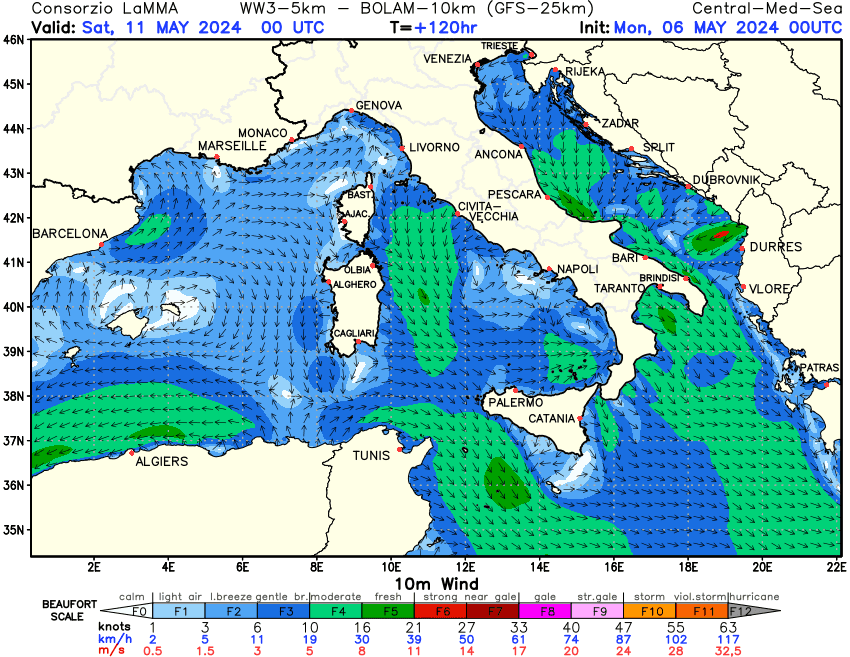 Previsione Vento a 10 metri sul Mediterraneo Centrale +120h