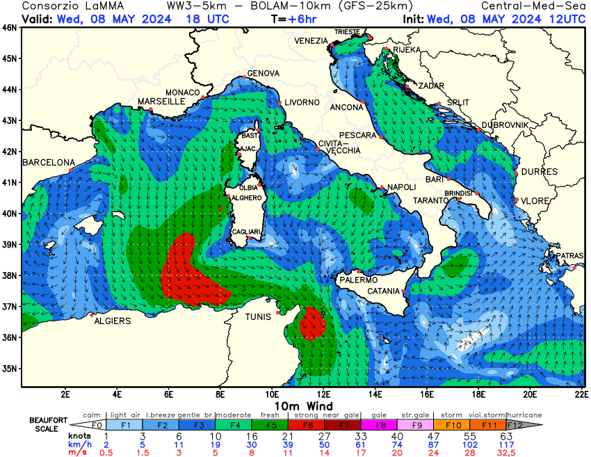 Previsione Vento a 10 metri sul Mediterraneo Centrale +06h